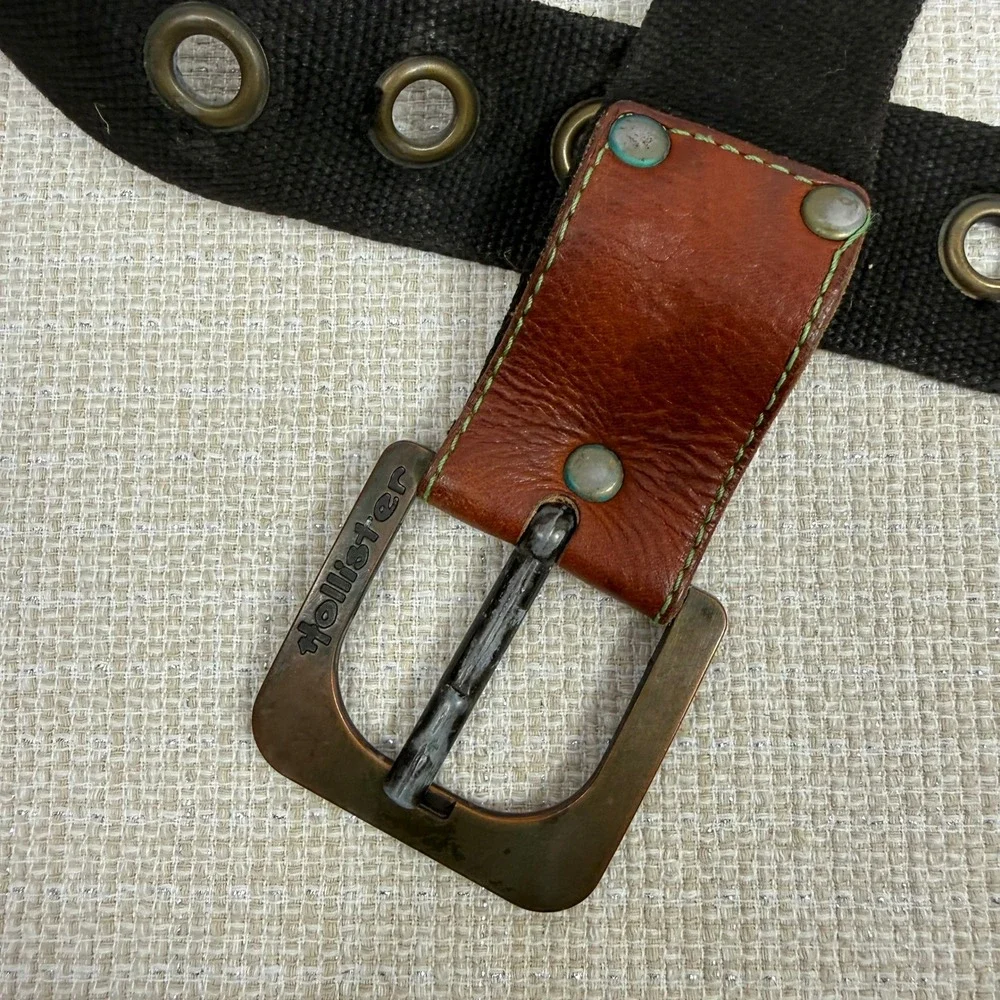 Hollister Y2K Men's Canvas Web Belt With Leather Detail & Logo‎ Buckle 34